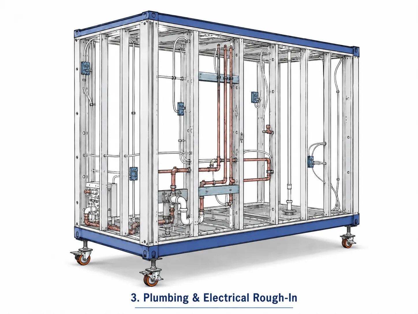 Prefabricated bathroom pod plumbing and electrical rough-in