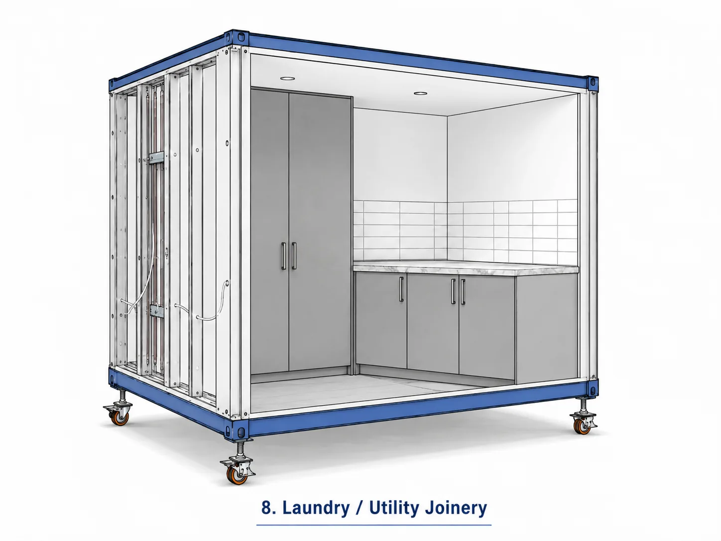Prefab laundry pod with utility joinery