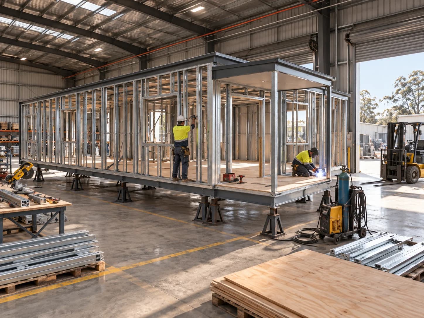 Workers assembling a prefab steel frame inside a factory